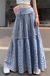 High Waist Lace Ruffled Plaid Maxi Skirts